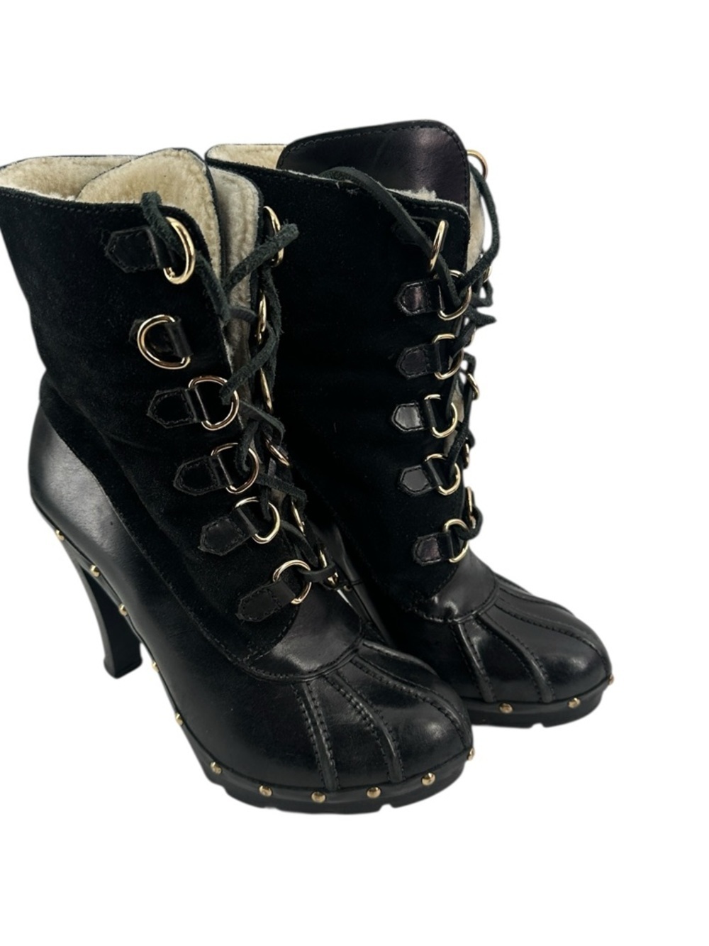 Michael Kors winter warrior clog boots Black leather shearling lined heeled sz 8